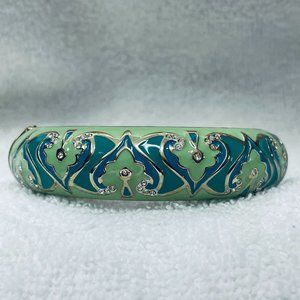 VGUC Sequin Brand Hinged Bangle, Enamel, Rhinestones, Teal, Mint Green, 2 3/8" D